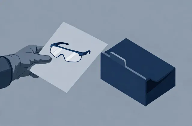 Illustration of a protective glasses specification brief handing off to a quotation folder